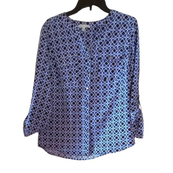 Blue and black button down blouse by notations - Picture 1 of 5